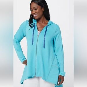 New LOGO Lounge by Lori Goldstein French Terry Hi-Low zip sweatshirt top 3X